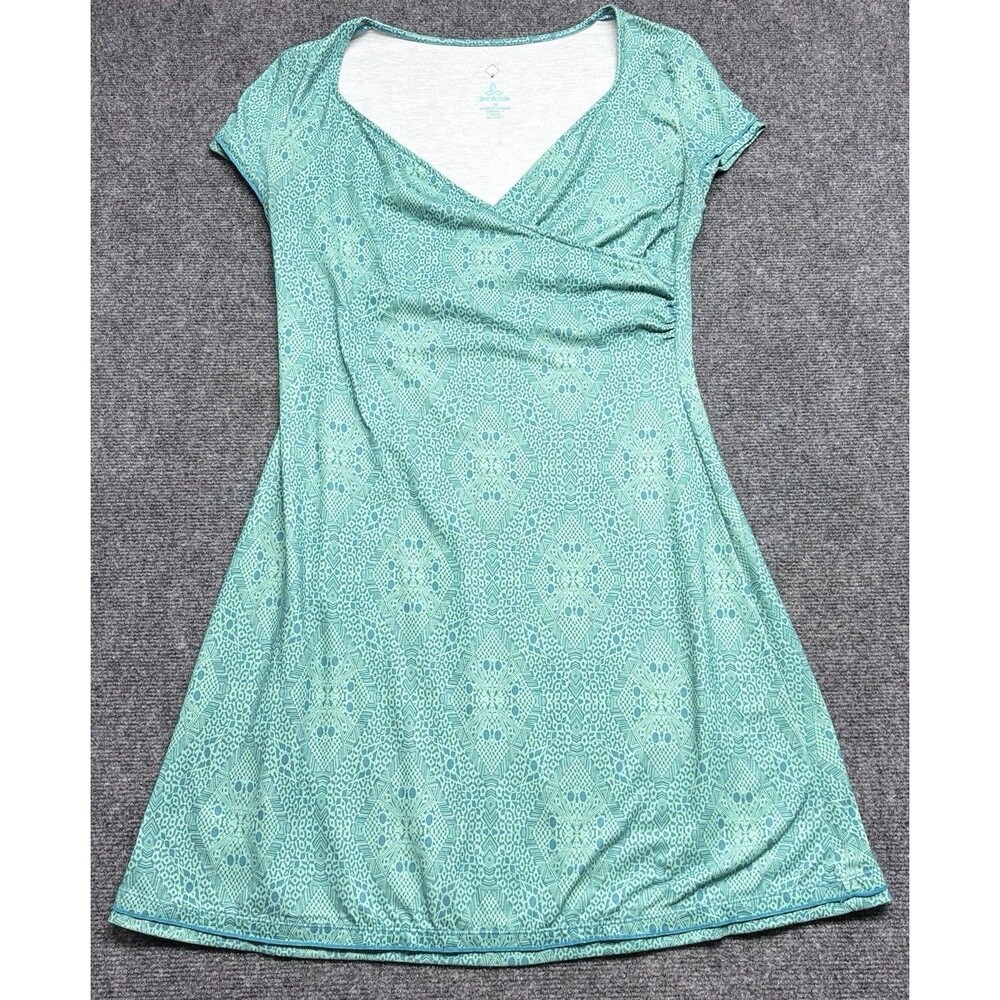 Prana Faux Wrap Midi Dress Women’s Medium Green Blue Geometric Stretch‎